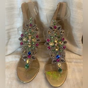 Lemonade Bejeweled Gold Chunky Heel Sandals - 8